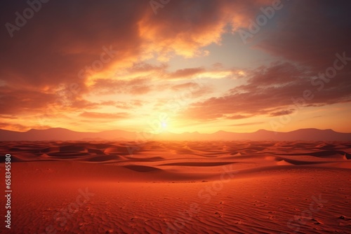 A captivating image capturing the beauty of the setting sun over the sand dunes. Perfect for travel brochures, nature magazines, or inspirational posts. © Fotograf
