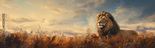 A Panoramic View of a Serene Lion in Its Natural Habitat © Gejsi