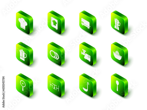 Set Cookbook, Toaster, Blender, Citrus fruit juicer, Spoon, Kitchen meat grinder, ladle and Wooden table with chair icon. Vector