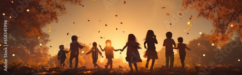 A Heartwarming Silhouette of Joyful Children under the Enchanting Sky of the Golden Hour