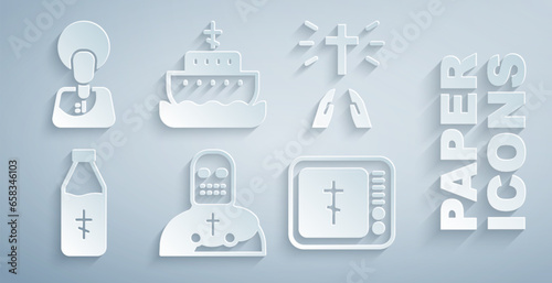 Set Knight crusader, Hands in praying position, Holy water bottle, Online church pastor preaching, Ark of noah and Jesus Christ icon. Vector