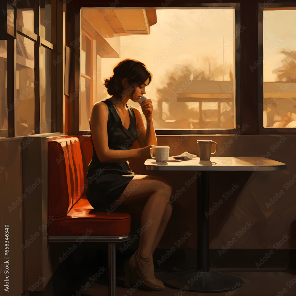 Art of woman alone in cafe Art of woman alone in cafe