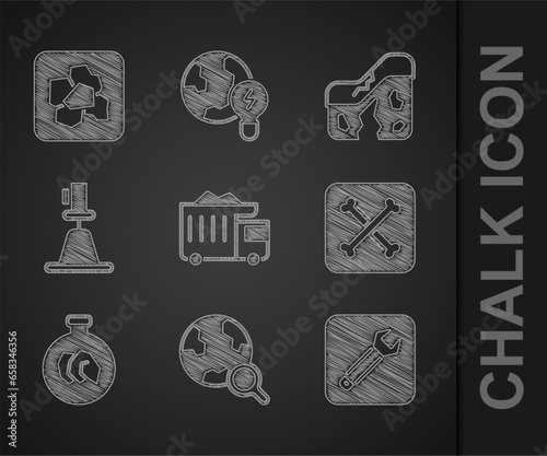 Set Mining dump truck, Magnifying glass with globe, Wrench spanner, Archeology, Exhibition minerals, rocks, Tacheometer, theodolite, Geological fault and Gold nugget icon. Vector