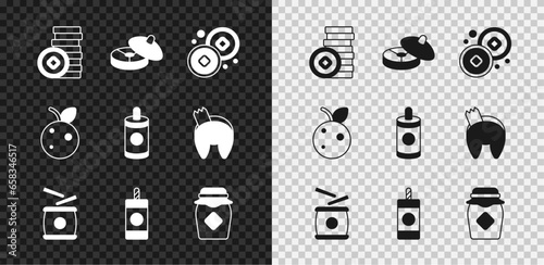 Set Chinese Yuan currency, tea ceremony, drum, Firework, Jar of honey, Peach fruit nectarine and icon. Vector