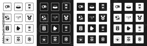 Set Medicine bottle and pills, Collar with name tag, World pet, Retractable cord leash, Pet award symbol, food bowl for cat dog, Location veterinary hospital and Canned icon. Vector