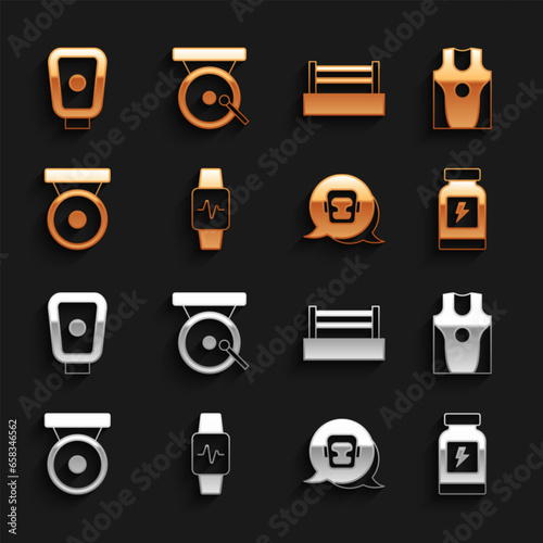 Set Smart watch with heart, Boxing jersey and t-shirt, Energy drink, helmet, gong, ring, training paws and icon. Vector