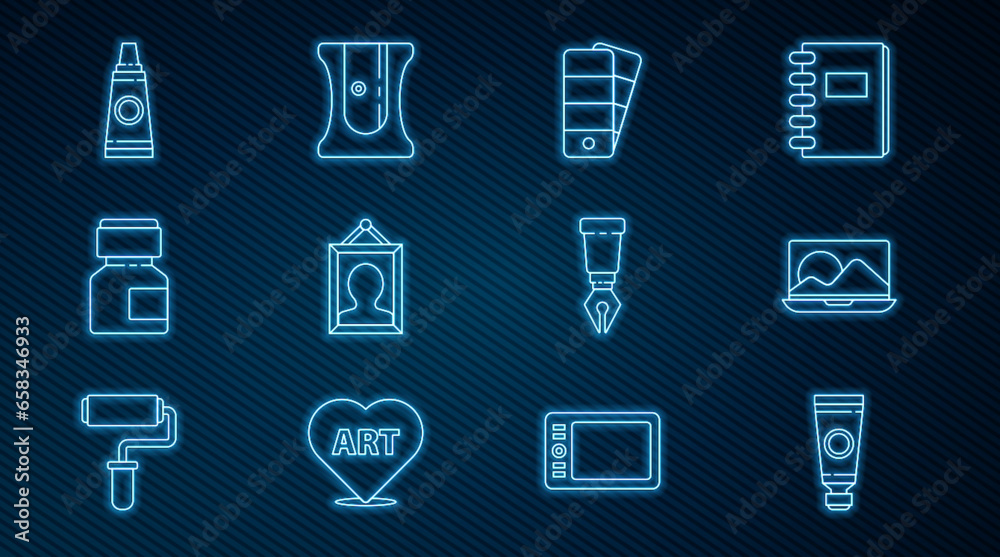 Set line Tube with paint palette, Laptop, Palette, Picture, Paint, gouache, jar, dye, Fountain pen nib and Pencil sharpener icon. Vector Set line Tube with paint palette, Laptop, Palette, Picture, Paint, gouache, jar, dye, Fountain pen nib and Pencil sharpener icon. Vector