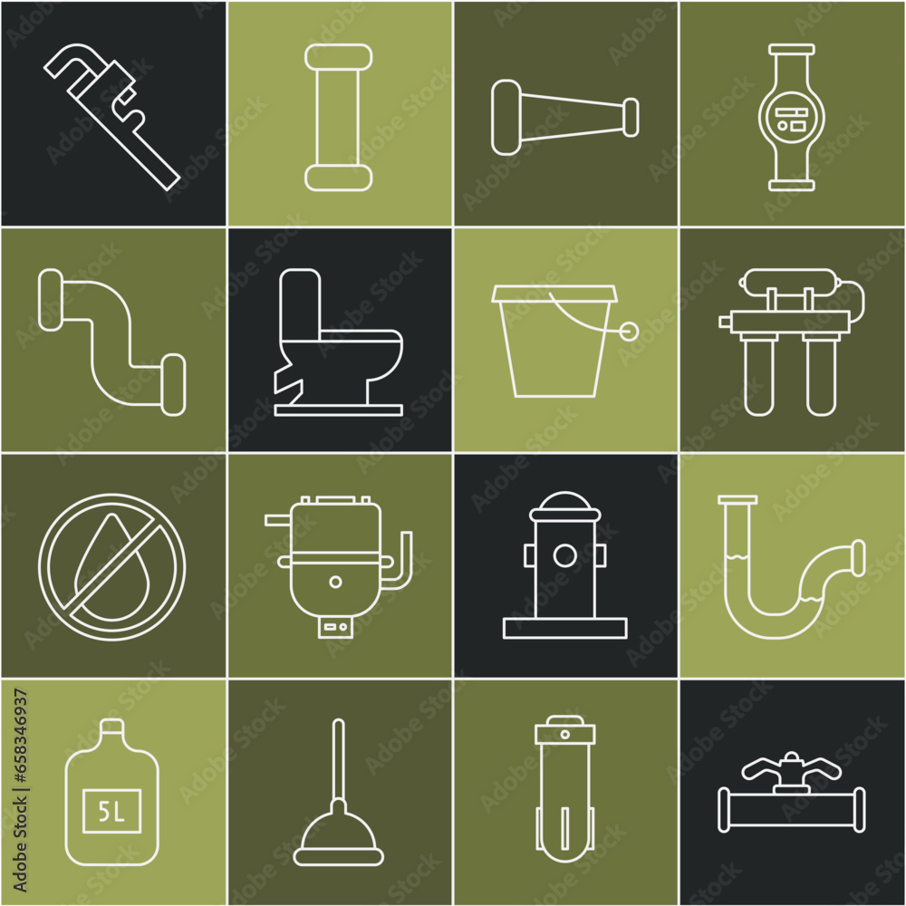 Set line Industry pipe and valve, metallic, Water filter, Toilet bowl, Pipe adjustable wrench and Bucket icon. Vector Set line Industry pipe and valve, metallic, Water filter, Toilet bowl, Pipe adjustable wrench and Bucket icon. Vector