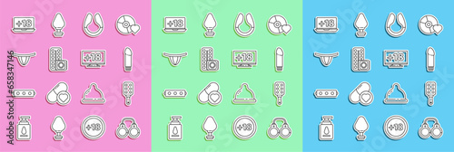 Wallpaper Mural Set line Sexy fluffy handcuffs, Spanking paddle, Dildo vibrator, Birth control pills condom, Woman panties, Laptop with 18 plus content and Monitor icon. Vector Torontodigital.ca