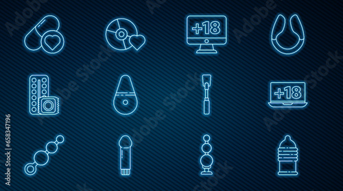 Set line Condom safe sex, Laptop with 18 plus content, Monitor, Dildo vibrator, Birth control pills and condom, Pills for potency, aphrodisiac, Leather whip and Adult label compact disc icon. Vector