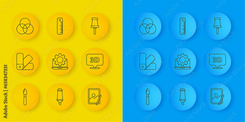 Set line Paint brush, Color palette guide, Laptop and gear, Graphic tablet, Speech bubble with text 3D, RGB CMYK color mixing, Push pin and Ruler icon. Vector Set line Paint brush, Color palette guide, Laptop and gear, Graphic tablet, Speech bubble with text 3D, RGB CMYK color mixing, Push pin and Ruler icon. Vector