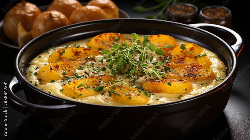 A bowl of savory grits casserole baked UHD wallpaper Stock Photographic Image