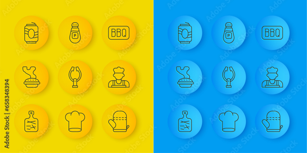 Set line Cutting board, Homemade pie, Meat tongs, Oven glove, Cook, Soda can, Barbecue and Pepper icon. Vector Set line Cutting board, Homemade pie, Meat tongs, Oven glove, Cook, Soda can, Barbecue and Pepper icon. Vector