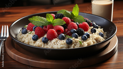 A bowl of steaming hot oatmeal topped with a generous UHD wallpaper Stock Photographic Image