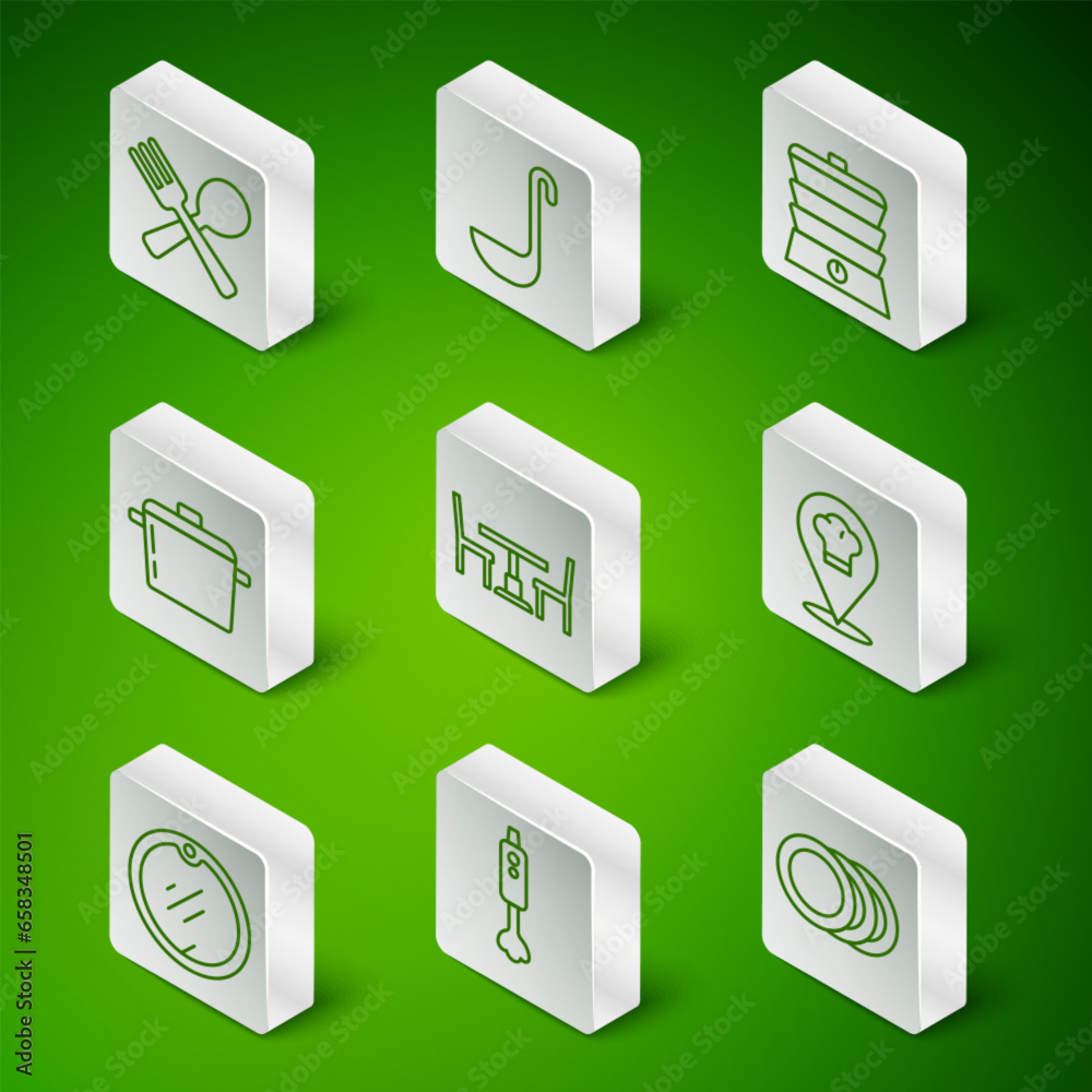 Set line Plate, Blender, Crossed fork and spoon, Wooden table with chair, Cooking pot, Kitchen ladle, Cutting board and Chef hat location icon. Vector Set line Plate, Blender, Crossed fork and spoon, Wooden table with chair, Cooking pot, Kitchen ladle, Cutting board and Chef hat location icon. Vector