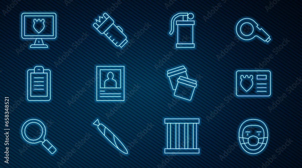 Set line Doctor pathologist, Police badge with id case, Hand smoke grenade, Wanted poster, report, database, Plastic bag ziplock and electric shocker icon. Vector Set line Doctor pathologist, Police badge with id case, Hand smoke grenade, Wanted poster, report, database, Plastic bag ziplock and electric shocker icon. Vector