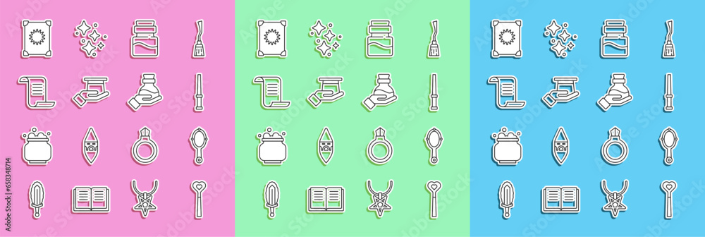 Set line Magic wand, hand mirror, Bottle with potion, Magician hat in, Ancient magic book, and icon. Vector Set line Magic wand, hand mirror, Bottle with potion, Magician hat in, Ancient magic book, and icon. Vector