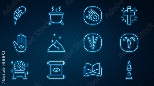 Set line Burning candle, Aries zodiac, Comet falling down fast, Magic powder, Hamsa hand, Feather pen, Neptune planet and Witch cauldron icon. Vector