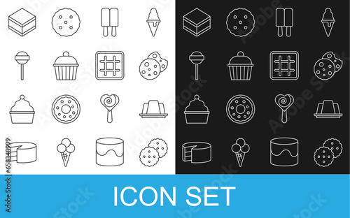 Set line Cookie or biscuit, Jelly cake, Ice cream, Cake, Lollipop, Brownie chocolate and Waffle icon. Vector