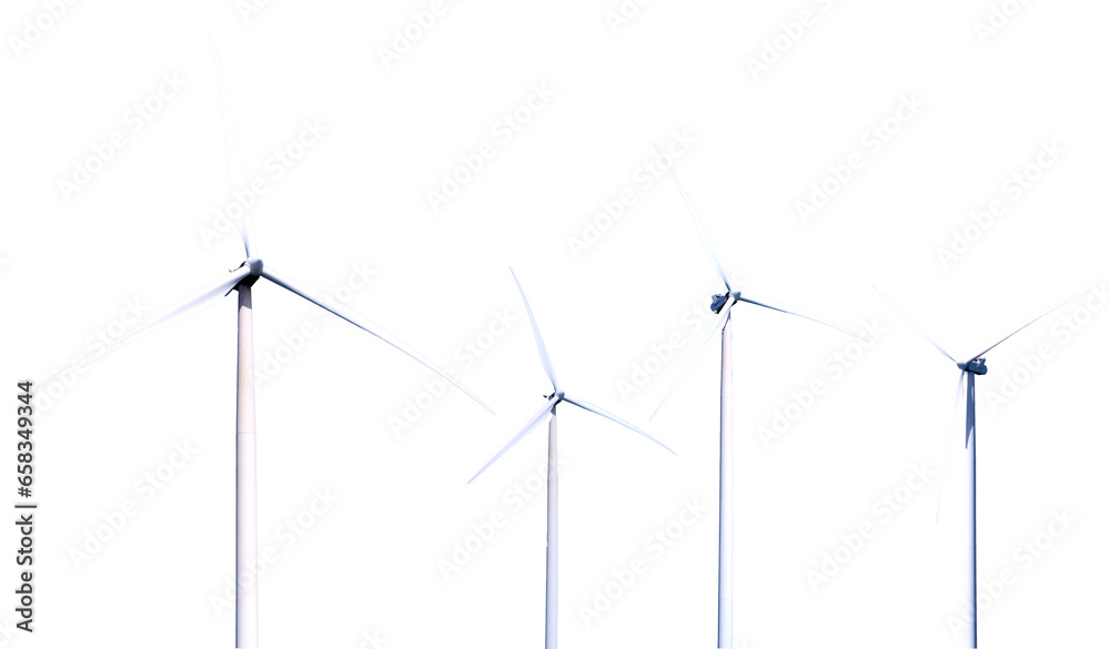 White electricity generating wind turbine on transparent background PNG. Alternative energy and clean energy concept. - obrazy, fototapety, plakaty 