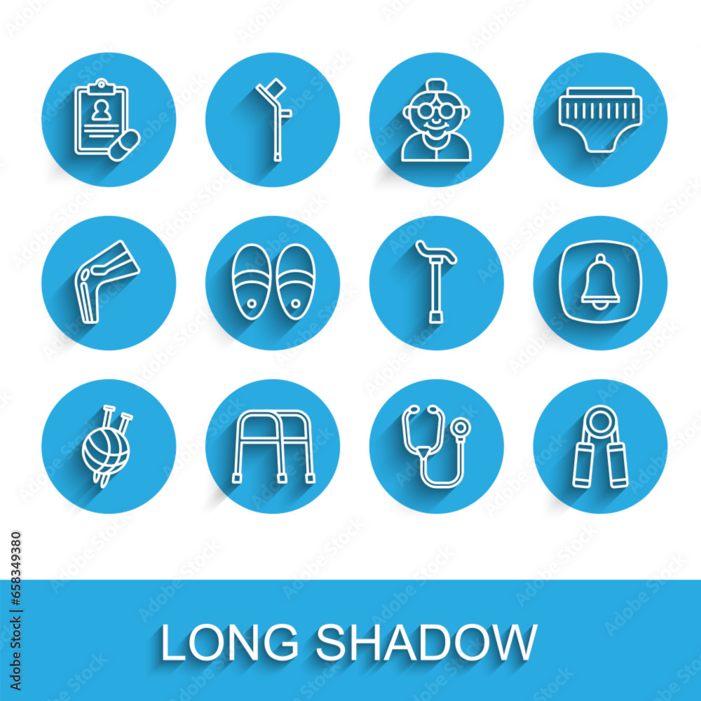 Set line Yarn ball with knitting needles, Walker, Medical prescription, Stethoscope, Sport expander, Slippers, Emergency phone call and Walking stick cane icon. Vector