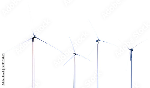 White electricity generating wind turbine on transparent background PNG. Alternative energy and clean energy concept.