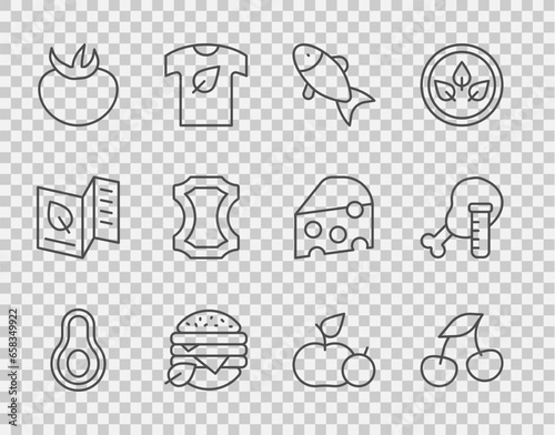 Set line Avocado fruit, Fresh berries, Fish, Vegan food diet, Tomato, Leather, Apple and Genetically modified chicken icon. Vector