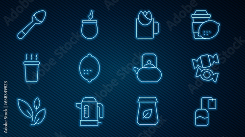 Set line Tea bag, Candy, Cup of tea with rose, Lemon, Teaspoon, Kettle handle and Mate icon. Vector