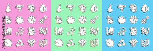 Set line Vegetarian food menu, No fish, Onion, meat, Tomato, Fresh smoothie, Pear and Cookie or biscuit icon. Vector