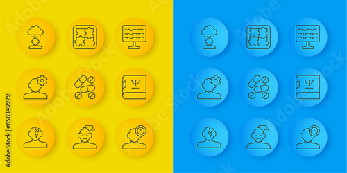 Set line Solution problem in psychology, Medicine pill or tablet, Insomnia, Psychology book, Depression and frustration, Encephalogram and icon. Vector