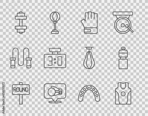 Set line Boxing ring board, jersey and t-shirt, MMA glove, Dumbbell, Sport mechanical scoreboard, Mouth guard boxer and Fitness shaker icon. Vector