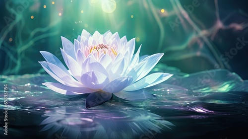  a white flower floating on top of a body of water.  generative ai © Nadia