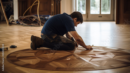 man installing parquet floor at home