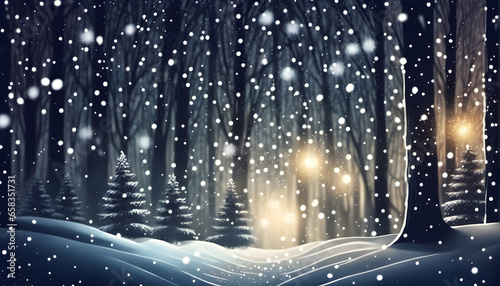 snow falling at christmas night in a snowy dark forest with lights and stars