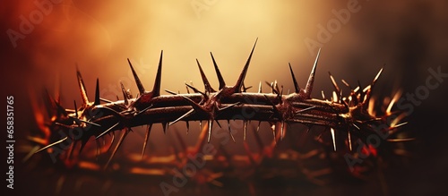Symbolic elements like thorns and nails represent Jesus sacrifice suffering resurrection on the cross and Easter