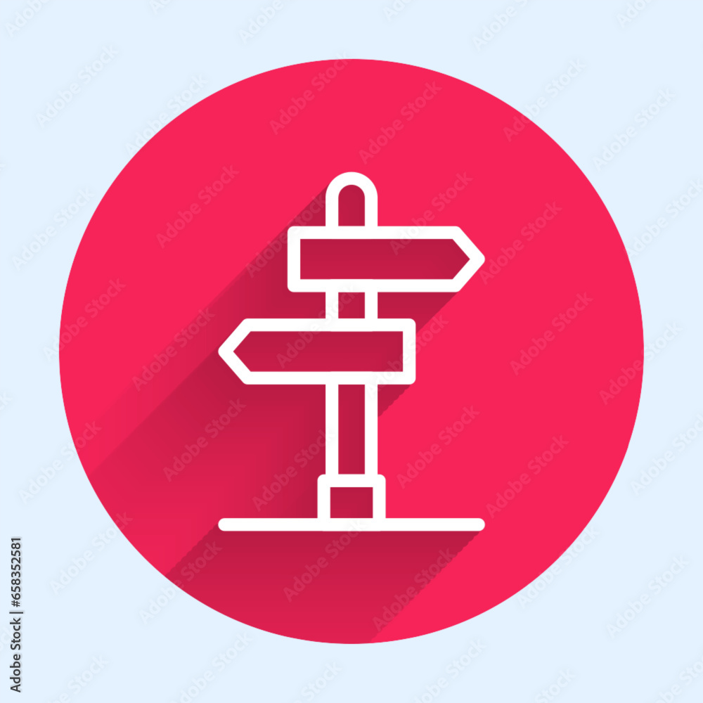White line Road traffic sign. Signpost icon isolated with long shadow background. Pointer symbol. Isolated street information sign. Direction sign. Red circle button. Vector White line Road traffic sign. Signpost icon isolated with long shadow background. Pointer symbol. Isolated street information sign. Direction sign. Red circle button. Vector