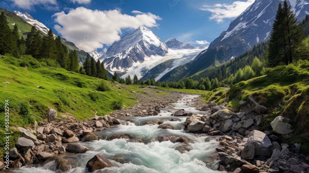 A high mountain with snowy peaks against a blue sky, covered in vegetation below, a mountain river with a waterfall, a magnificent landscape. A high mountain with snowy peaks against a blue sky, covered in vegetation below, a mountain river with a waterfall, a magnificent landscape.