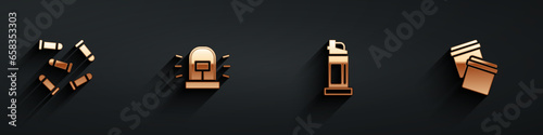 Set Bullet, Flasher siren, Pepper spray and Plastic bag with ziplock icon with long shadow. Vector
