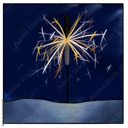 Burning sparkler, planted in the snowy ground