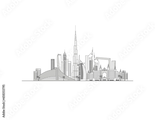 Dubai city United Arab Emirates black and white cityscape line art style vector illustration