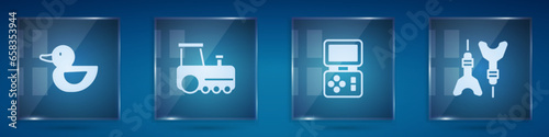 Set Rubber duck, Toy train, Tetris electronic game and Dart arrow. Square glass panels. Vector