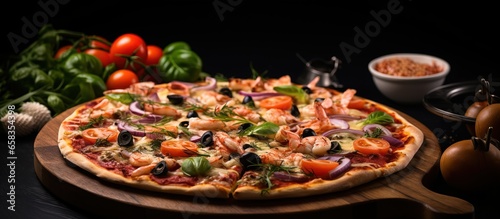 Close up serving of classic Italian seafood pizza with king prawns tuna and olives on rustic black board