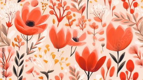  a pattern of red flowers and leaves on a beige background. generative ai