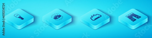 Set Isometric Microphone, King crown, Wide pants and Brass knuckles icon. Vector