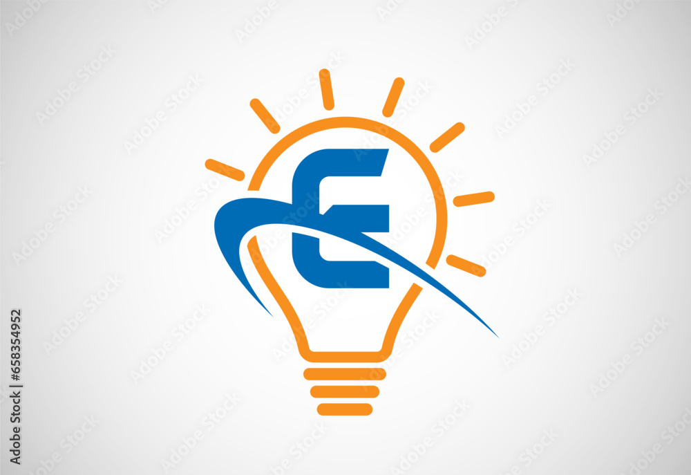 English alphabet E with light bulb and swoosh. Electric bulb logo vector template. Electricity logo English alphabet E with light bulb and swoosh. Electric bulb logo vector template. Electricity logo