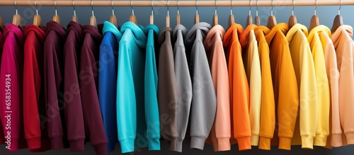 Multicolored youth sweaters and hoodies on hangers in a store clothing concept