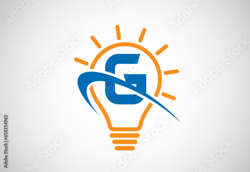English alphabet G with light bulb and swoosh. Electric bulb logo vector template. Electricity logo