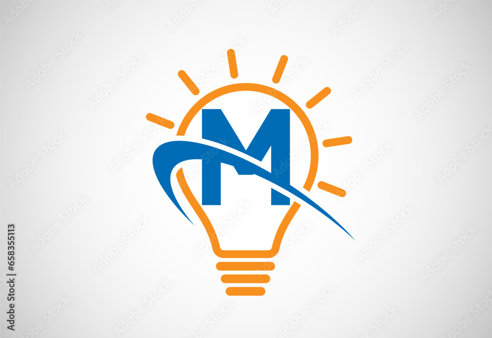 English alphabet M with light bulb and swoosh. Electric bulb logo vector template. Electricity logo English alphabet M with light bulb and swoosh. Electric bulb logo vector template. Electricity logo
