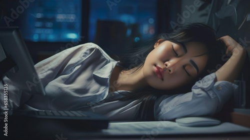 Exhausted young gorgeous Asian business woman sleeping on her office desk next to computer and documents. Company worker tired of overworking. Female employee workaholic suffering from chronic fatigue