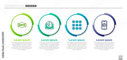 Set NFT Digital crypto art, Laptop with store app, blockchain technology and Mobile. Business infographic template. Vector